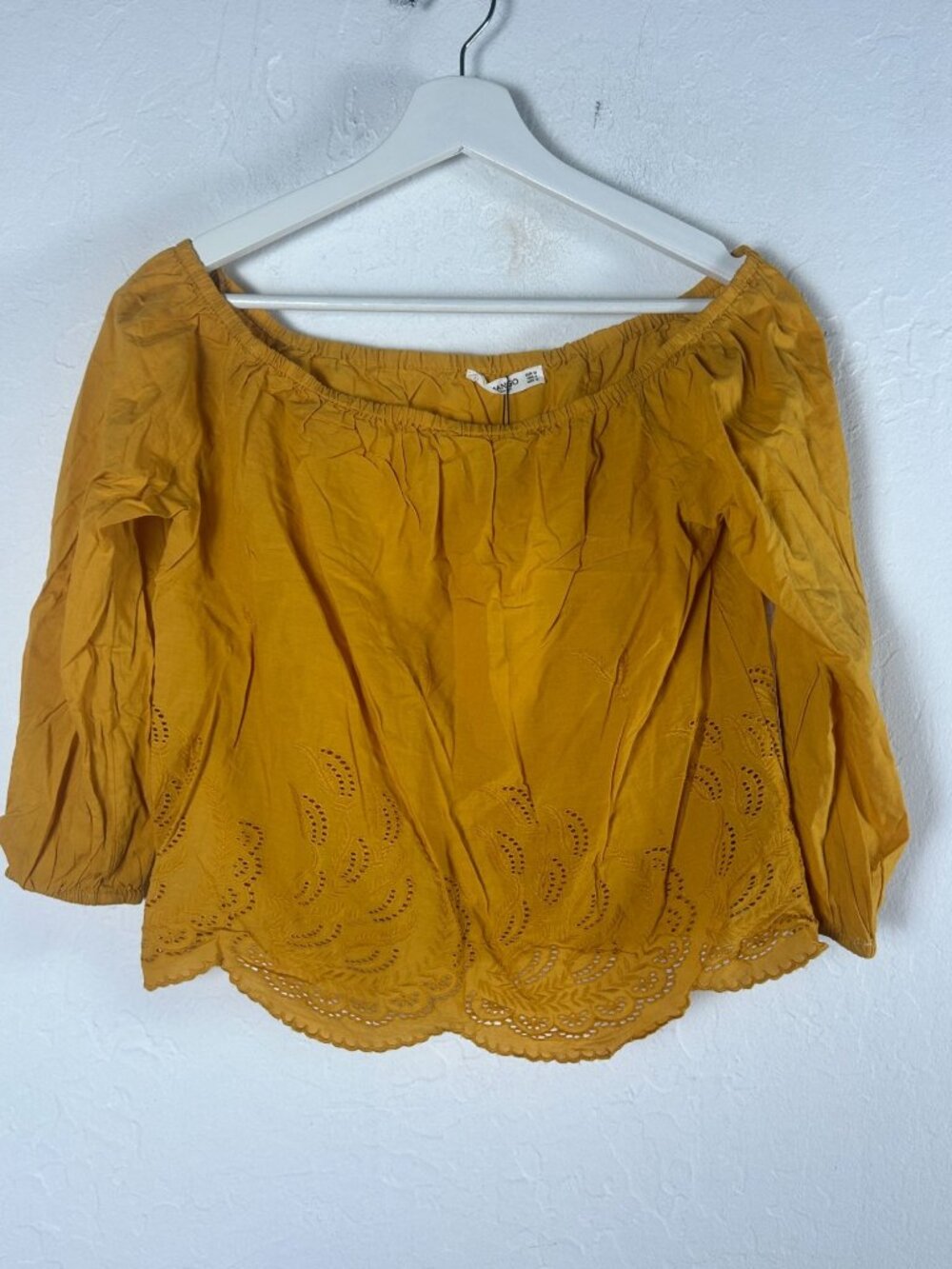 Mango Womens Mustard Yellow Eyelet Off-Shoulder Blouse Medium Sz 6 Casual New